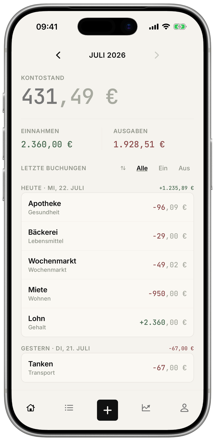 Monatsübersicht mit Einnahmen, Ausgaben, Saldo und letzten Buchungen