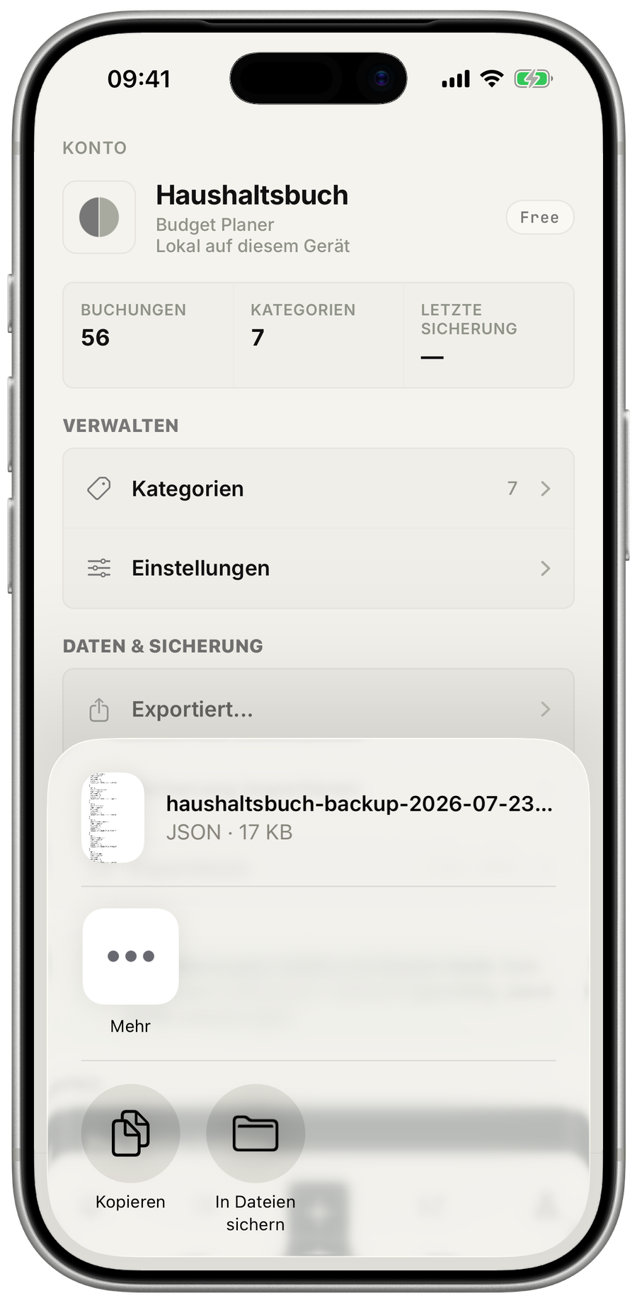 Ansicht zum Erstellen und Teilen einer Sicherungsdatei