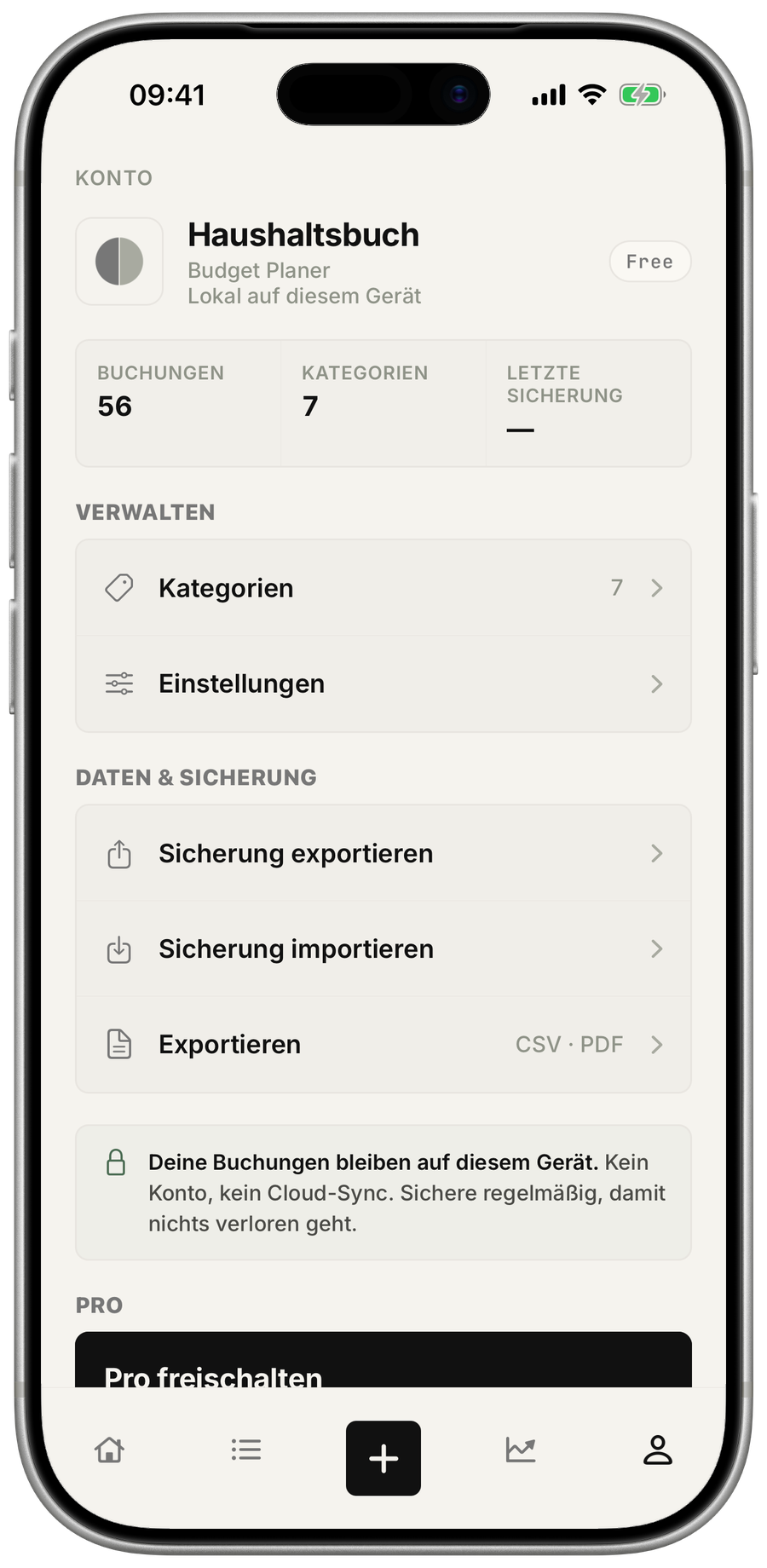 Kontoansicht mit App-Identität und Free-Status