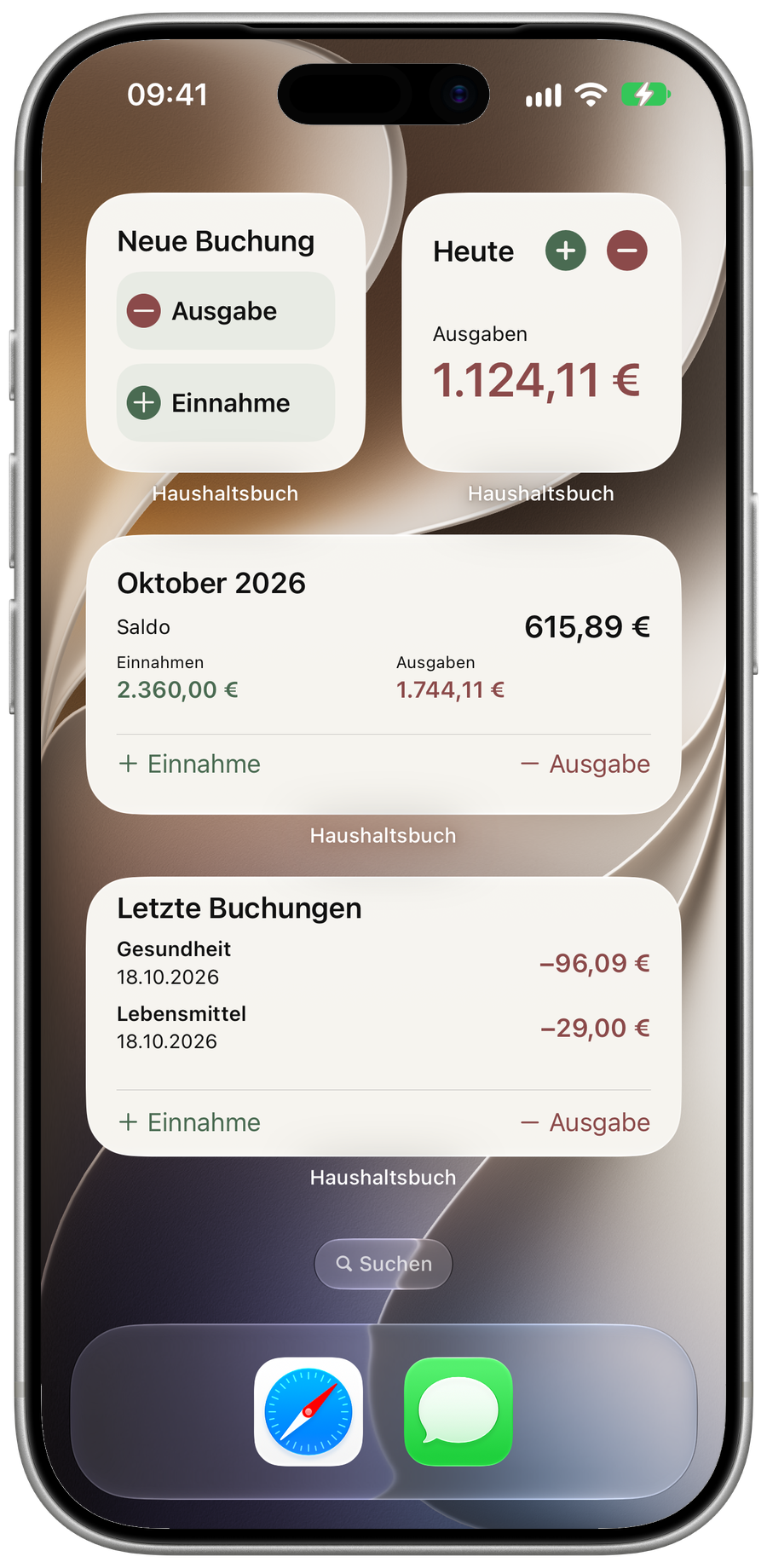 Home-Bildschirm mit den Haushaltsbuch-Widgets für Schnellbuchung, Heute, diesen Monat und letzte Buchungen