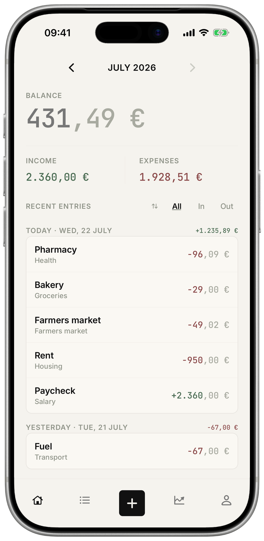 Monthly overview with income, expenses, balance and recent entries