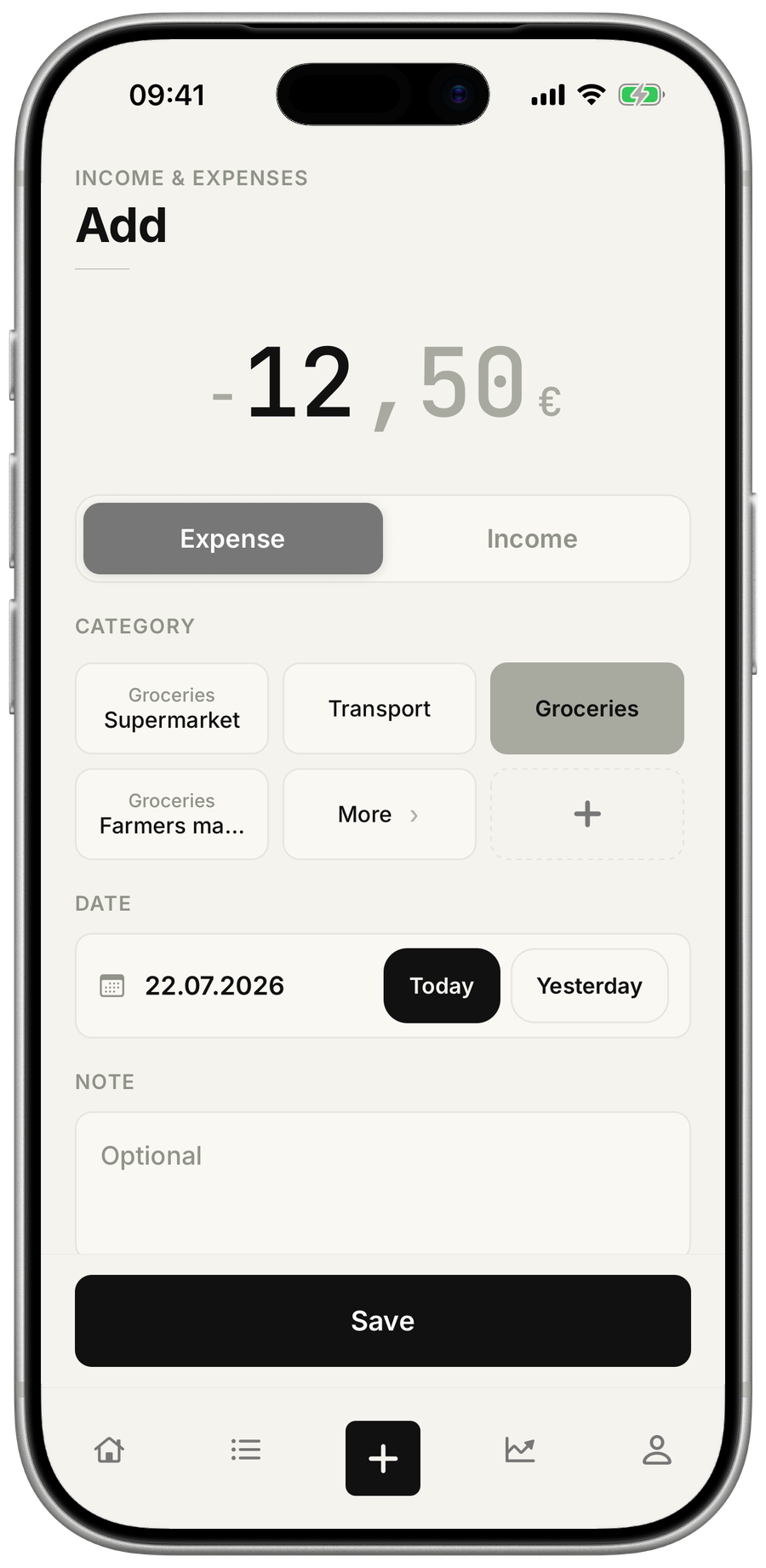 Form for capturing a new income or expense entry