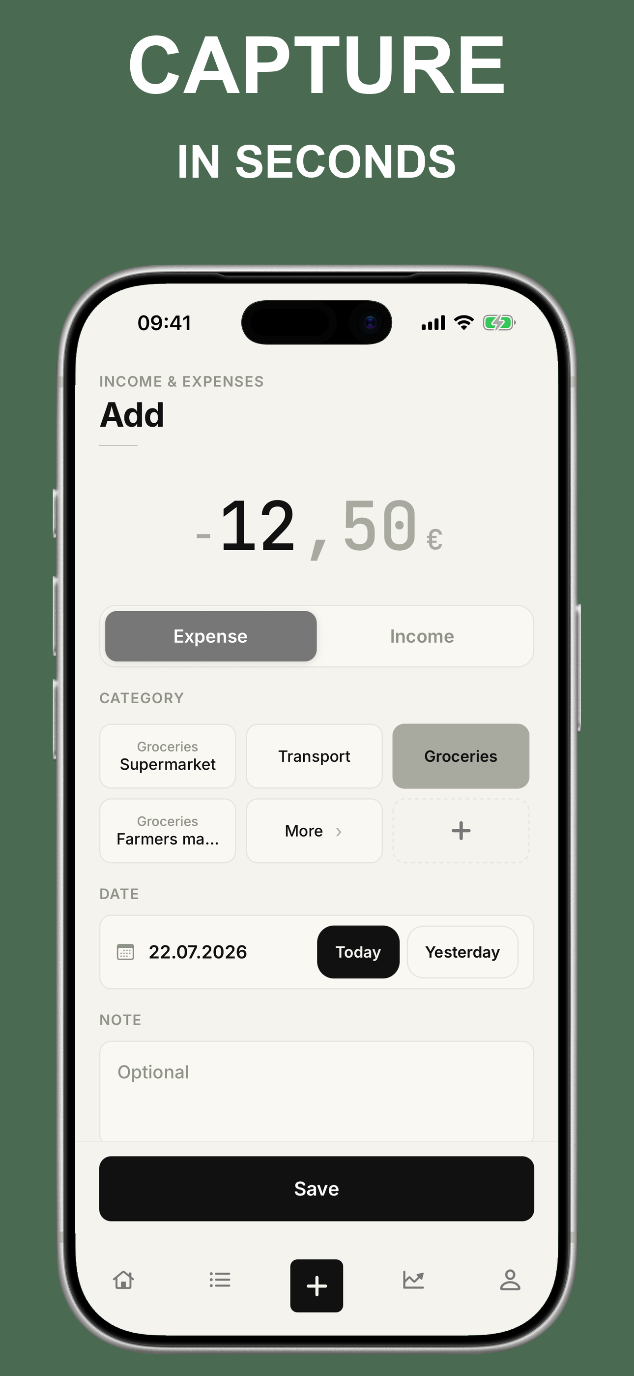 Form for capturing a new income or expense entry