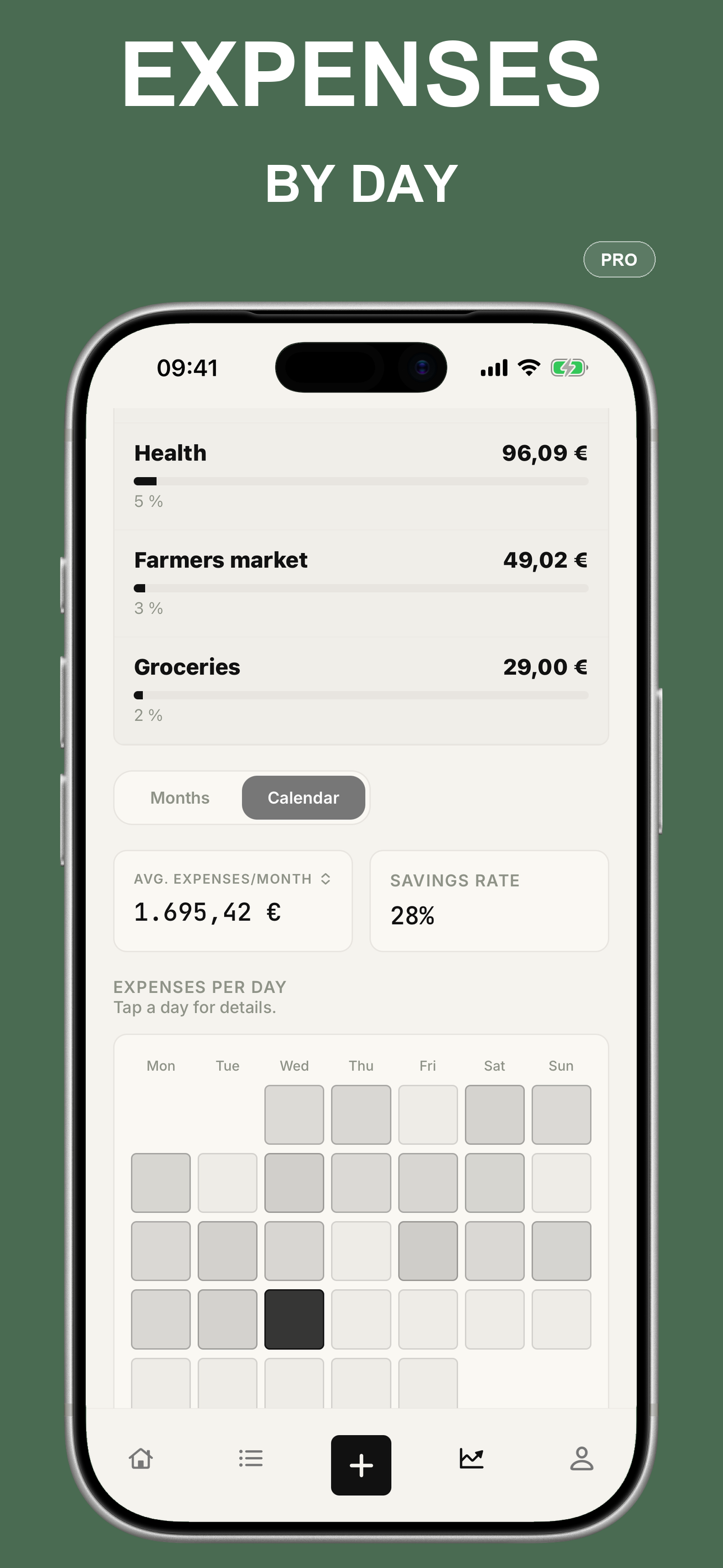 Pro spending calendar highlighting expenses by day