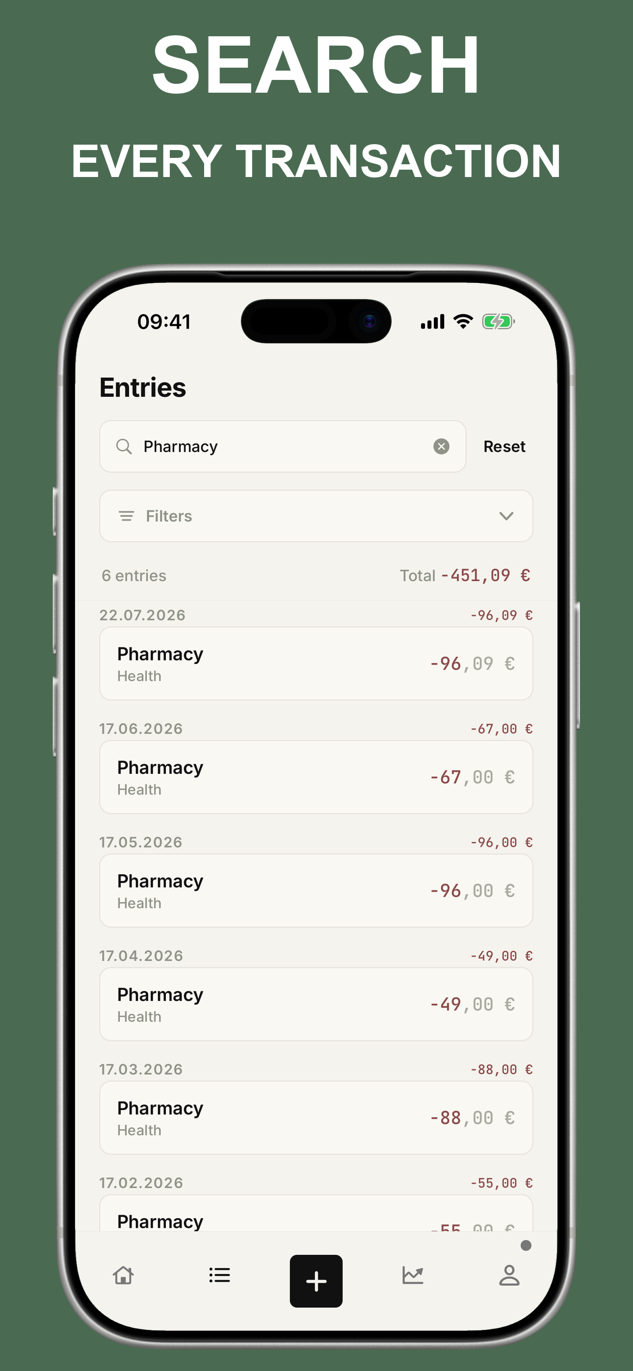 Transaction search filtered for a pharmacy entry