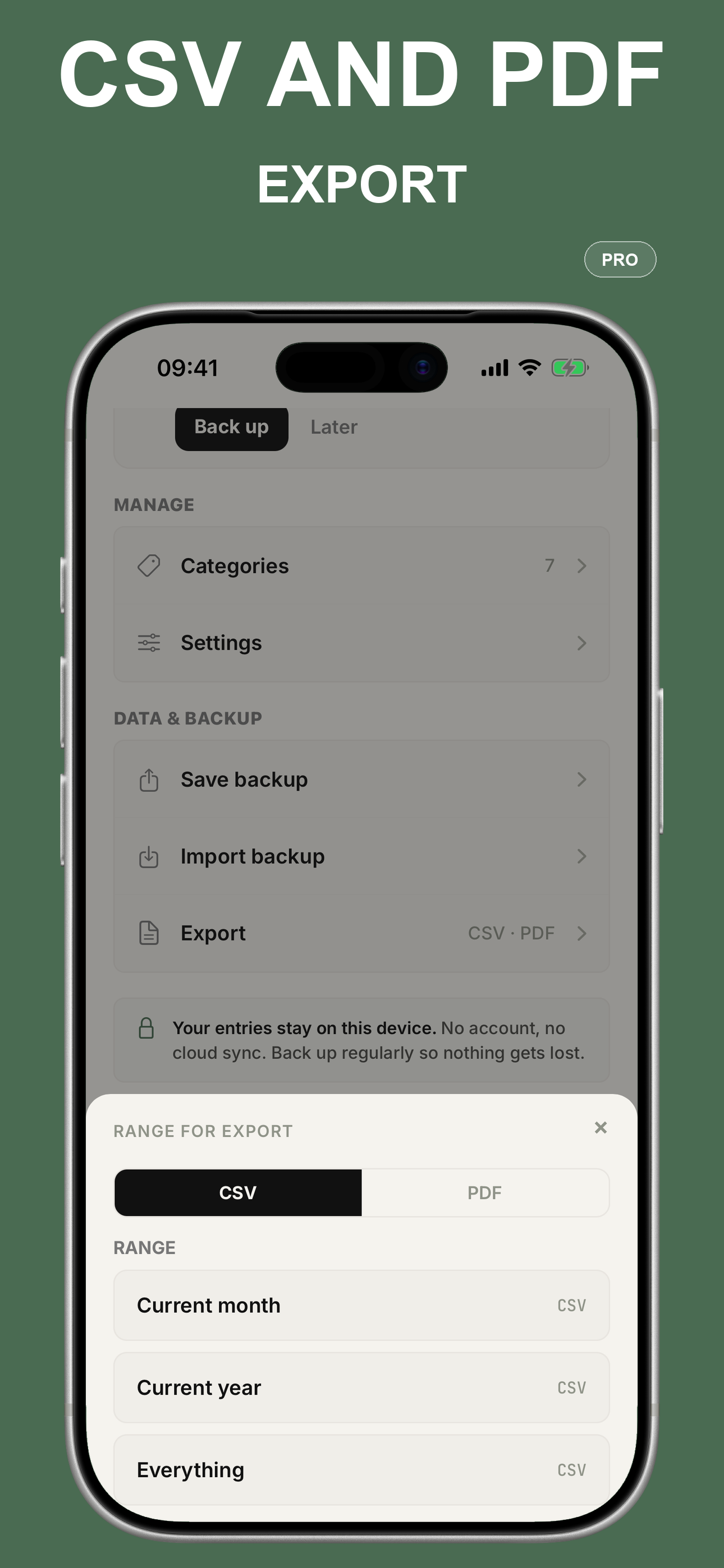 Pro export controls for CSV and PDF files