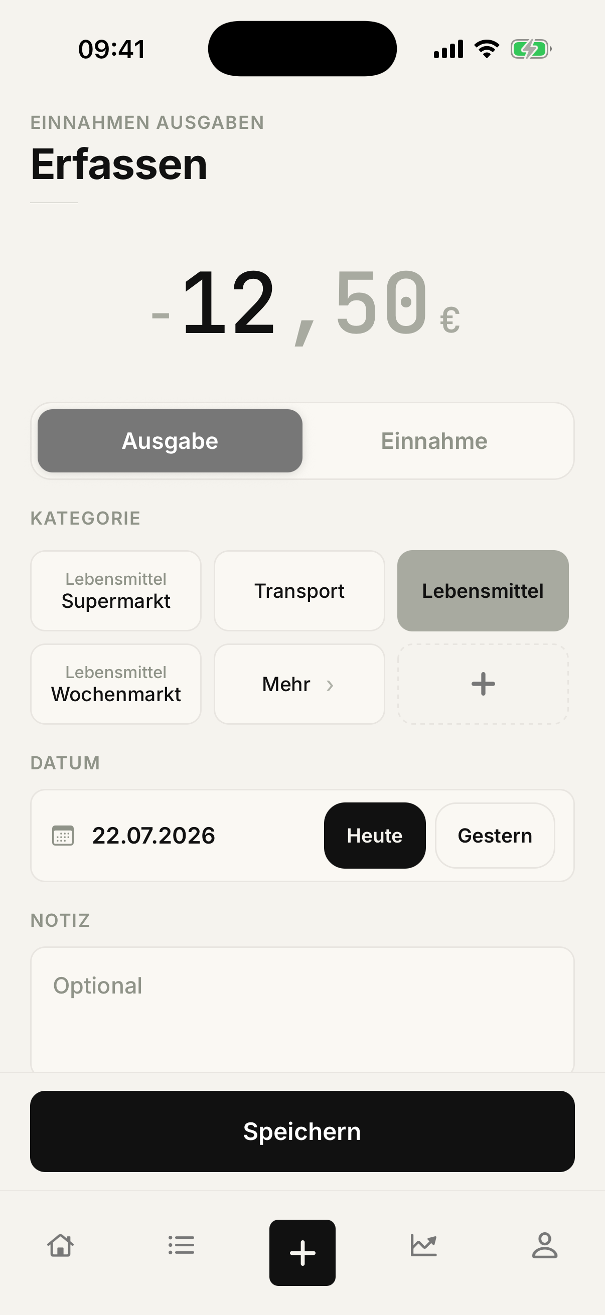 Formular zum Erfassen einer neuen Einnahme oder Ausgabe