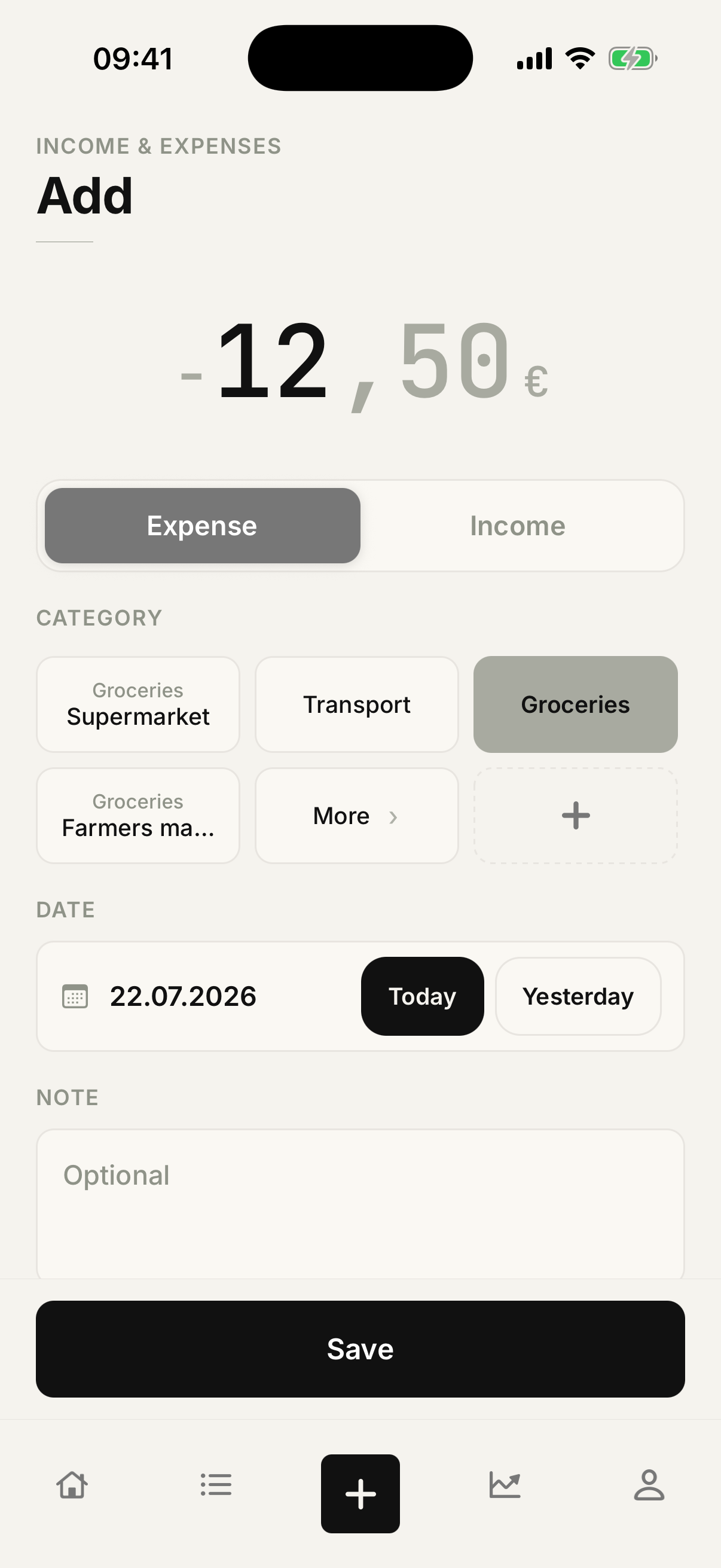 Form for capturing a new income or expense entry